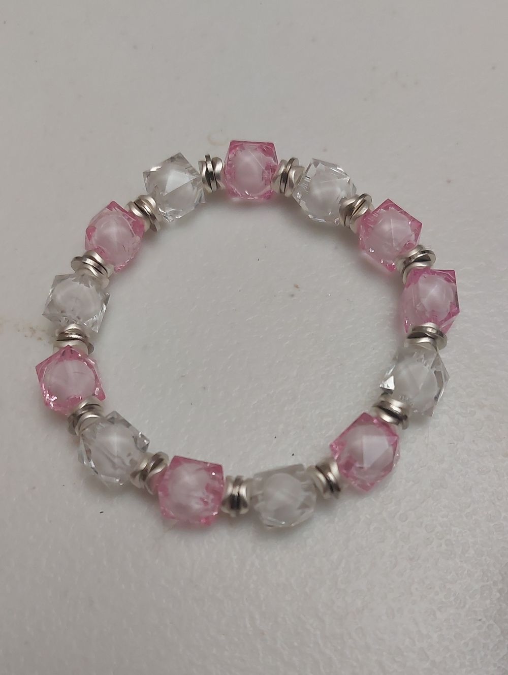 Pink White Silver Tone Faceted Geometric Beads Stretch Bracelet 6.5 Inch Around